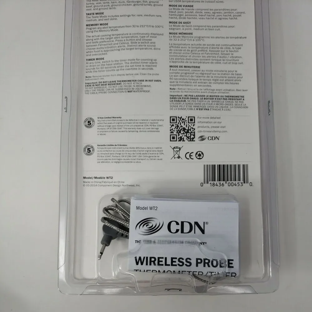 Wireless Probe Thermometer Timer Meat Poultry Roasts NEW Factory Sealed WT2 CDN